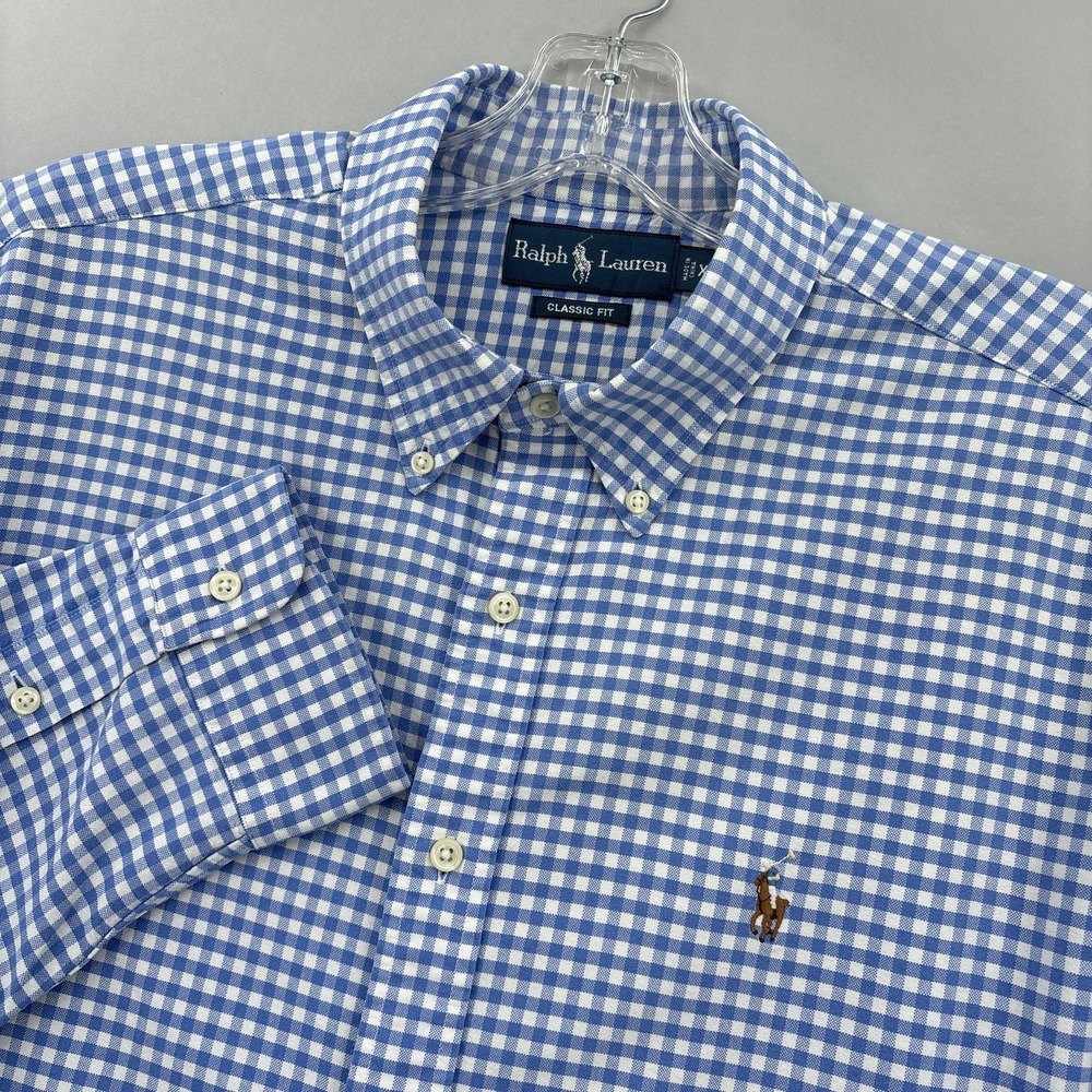 Ralph Lauren Shirt Mens XL Blue Gingham Check Classic Button Down Long Sleeve
